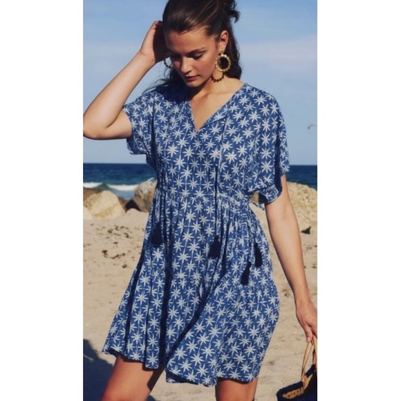 Oliphant Dresses & Skirts - Oliphant Blue White Starburst Metallic Stripe Cotton Tassel Mini Dress Womens M